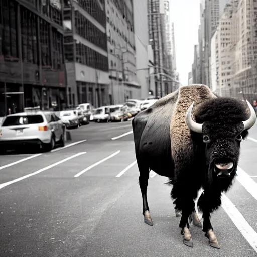 Image similar to photo of a bison, in a New York street, cars, buildings, 50mm, beautiful photo,