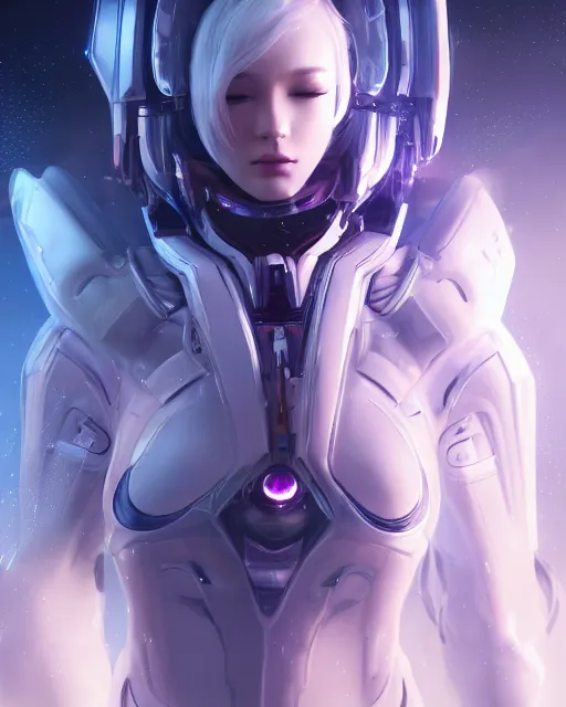 Image similar to perfect android girl on a mothership, warframe armor, beautiful face, scifi, futuristic, galaxy, nebula, raytracing, dreamy, long white hair, blue cyborg eyes, sharp focus, cinematic lighting, highly detailed, artstation, divine, by gauthier leblanc, kazuya takahashi, huifeng huang