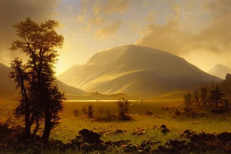 Prompt: a beautiful oil painting of a Scottish Highland landscape, evening light, by Albert Bierstadt, beautiful light, detailed, dramatic