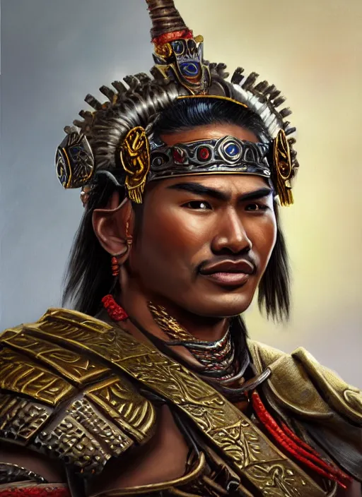 Prompt: smart tai warlord, ayothaya, closeup portrait, without beard and mustache, historical hero, ethnic group, tai costume, tai traditional bronze headdress, intricate, with leather armor cross on bare chest, elegant, loin cloth, highly detailed, oil painting, artstation, concept art, matte, sharp focus, illustration, hearthstone, art by earl norem