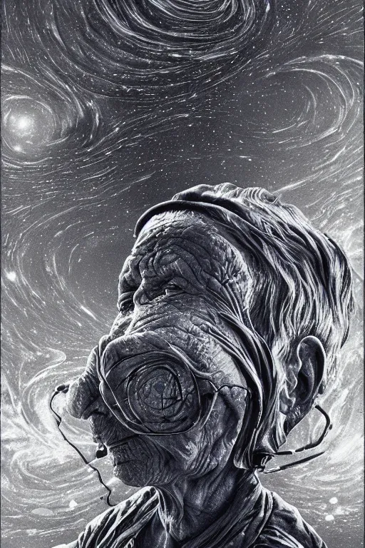 Image similar to the look of an elderly person full of wrinkles and imperfections by artgem and les edwards, highly detailed, high contrast, light reflection, trippy, nebula, trending on artstation