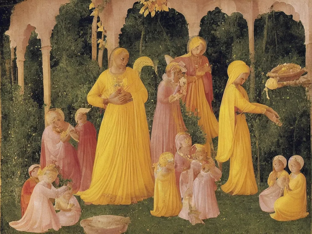 Prompt: Indian Woman dressed in yellow with 10 babies. Jasmine flower all over, garden outside with Cypresses. An angel is arranging the seashells. Painting by Fra Angelico.