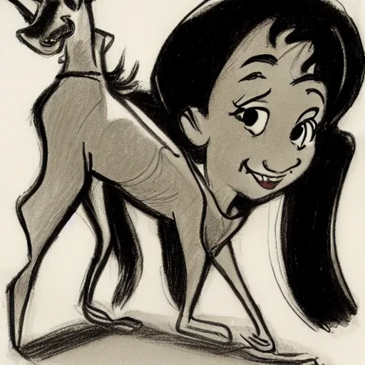 Image similar to milt kahl sketch of black hair cuban girl with dog nose