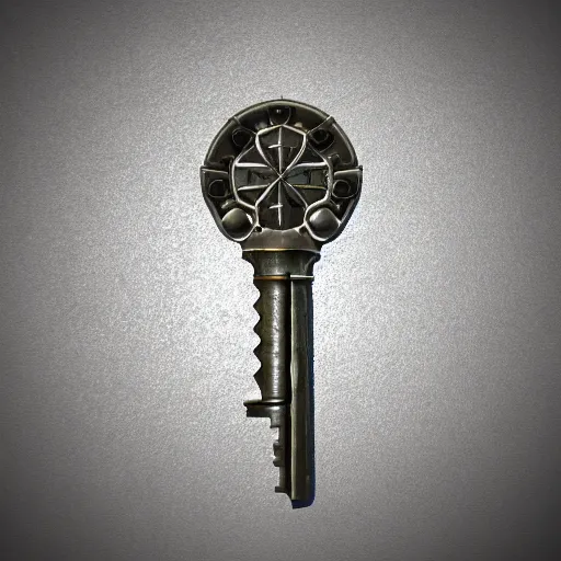 Image similar to a stylised old metal key, key is on the center of the image, rpg game inventory item, on the white background, high poly vray, stylised textures