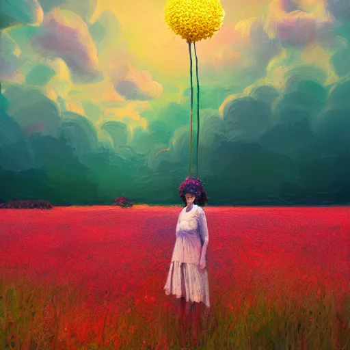 Image similar to large flower head, girl standing in a flower field, surreal photography, sunrise dramatic light, impressionist painting, colorful clouds, digital painting, artstation, simon stalenhag