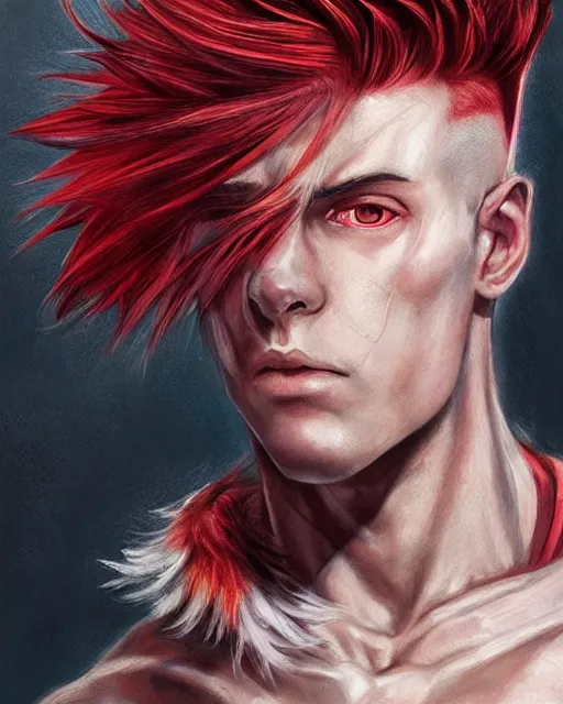 Prompt: young man with a short red mohawk, red irises and a slim face, piercings, dressed in crustpunk clothing, headshot, attractive, handsome, model, trending on artstation, high quality art, character design, realism art, award winning art, clean face, by mandy jurgens, in color, no makeup, no tattoos, no facial hair