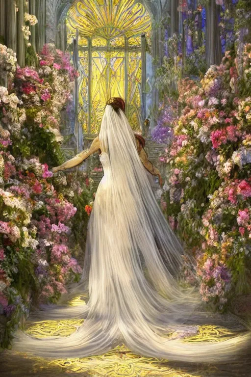 Prompt: breathtaking detailed digital painting of a full body shot of a bride viewed from behind in a long dress of pure light, in a sunlit luxurious flower garden art nouveau cathedral on a wedding day, covered in pastel flowers with golden petals flying, 8k, rule of thirds, german romanticism, rembrandt style, elegant, volumetric lighting, highly detailed, artstation, concept art, matte, sharp focus, art by Tom Bagshaw, Alfons Mucha