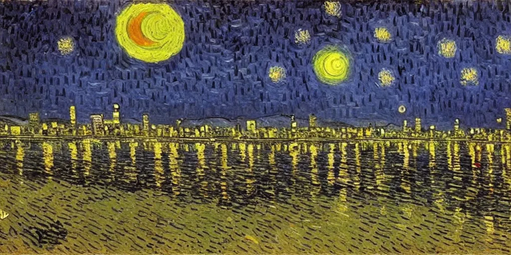 Prompt: tehran skyline in a winter night, a full moon, art by vincent van gogh