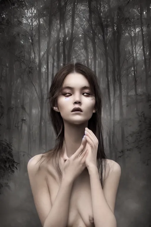 Image similar to inside a soul of a gorgeous young girl , searching for eternity, smoke out of her eyes, minimalistic dark forest in the style of stefan kostic, realistic, sharp focus, 8k high definition, high fashion, vogue, insanely detailed, soft light, colorful smoke, intricate, elegant, art by stanley lau and artgerm, sigma 85mm art