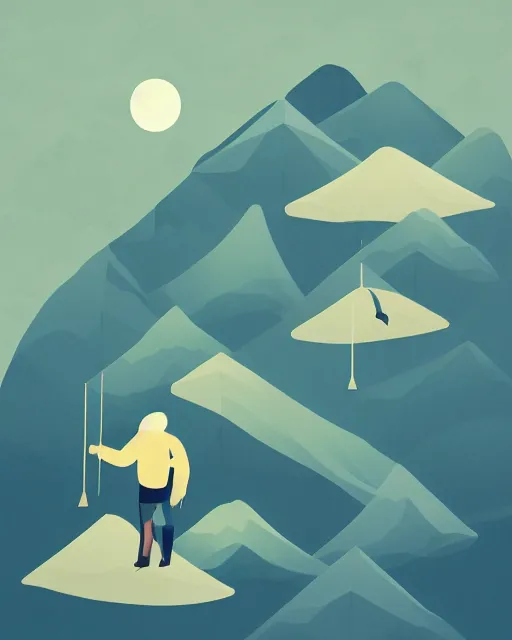 Image similar to minimalistic fisherman in a geometric design, in the background there are isometric mountains and forest with flying fish with a moon on top behind the top, trending on artstation, cute digital art, no text, HD original image