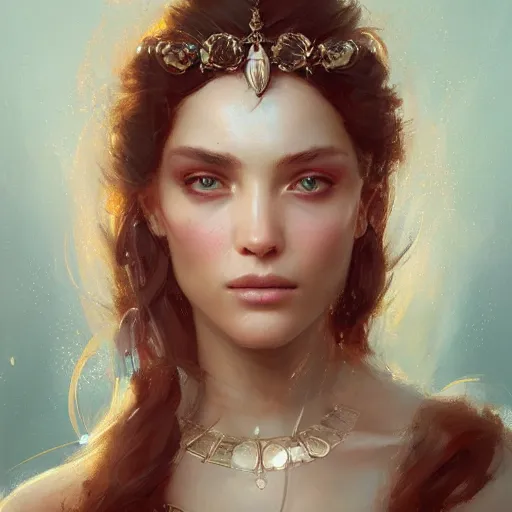 Prompt: a beautiful portrait of a goddess with pearly skin by greg rutkowski and raymond swanland, trending on artstation, ultra realistic digital art