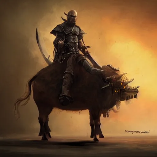 Image similar to Walter white as a dark fantasy warrior riding an armored yak, made by Greg Rutkowski