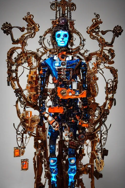 Prompt: full-body baroque and cyberpunk style sculpture of a young handsome Spanish prince half android with a chest opening exposing circuitry and a sparking motherboard, glowing blue lasert eyes, crown of mechanical gears and roses, flowing orange-colored silk, fabric, steampunk archways. baroque elements, human skull. full-length view. baroque element. intricate artwork by caravaggio. many many birds birds on background. Trending on artstation, octane render, cinematic lighting from the right, hyper realism, octane render, 8k, depth of field, 3D