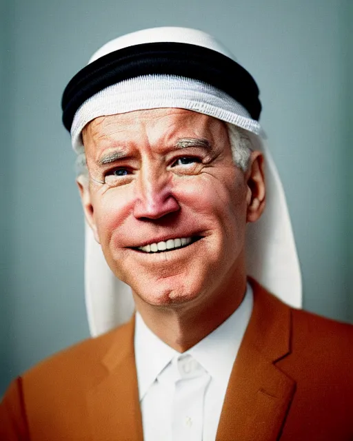 Prompt: a photo of joe biden as a muslim sheikh from the middle east | smiling | portrait | ektachrome | closeup | f / 2. 8
