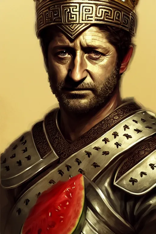 Image similar to portrait gerard butler as a greek king with a watermelon helmet, greek, intricate, headshot, key visual, conceptart, ambient lighting, highly detailed, digital painting, artstation, concept art, sharp focus, by makoto shinkai and akihiko yoshida and greg manchess