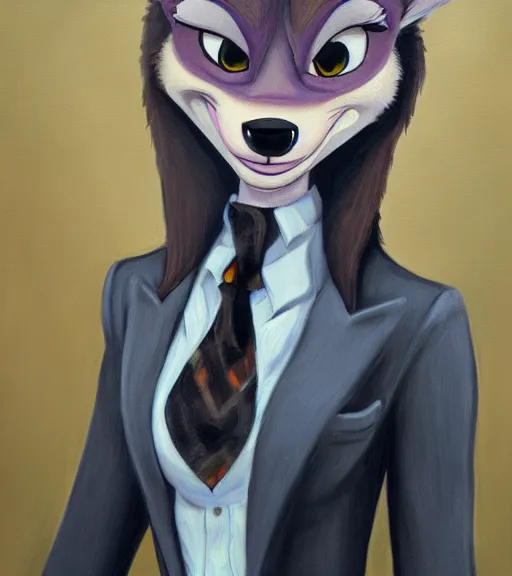 Image similar to oil painting of anthromorphic female wolf, in style of zootopia, zootopia, zootopia, fursona, furry, furaffinity, 4 k, deviantart, furry art, fursona art, wearing black business suit, business suit, in style of zootopia, wolf fursona, cyberpunk, female, expressive detailed feminine face,