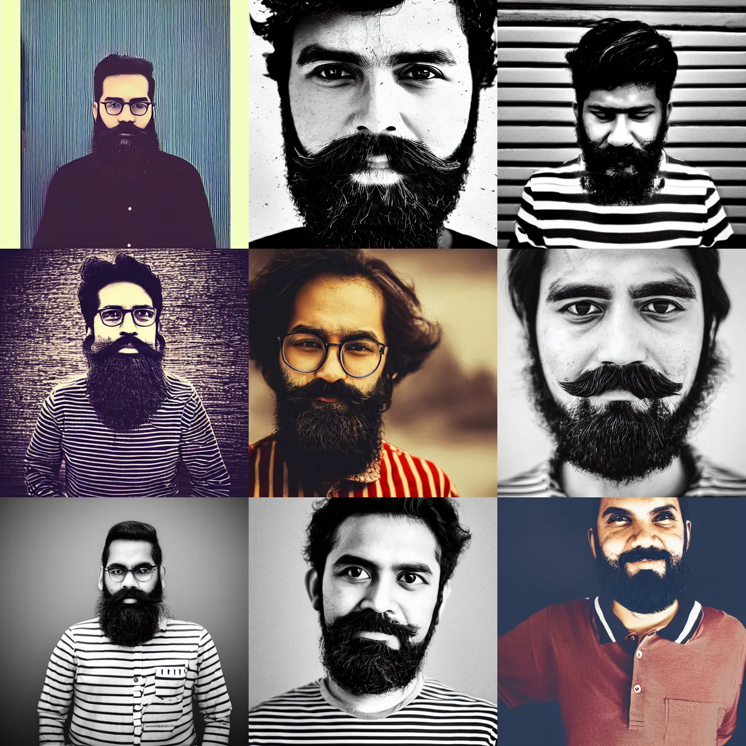 Prompt: a man with a beard and a striped shirt, a character portrait by nazmi ziya guran, pexels contest winner, international typographic style, sabattier filter, matte photo, sabattier effect
