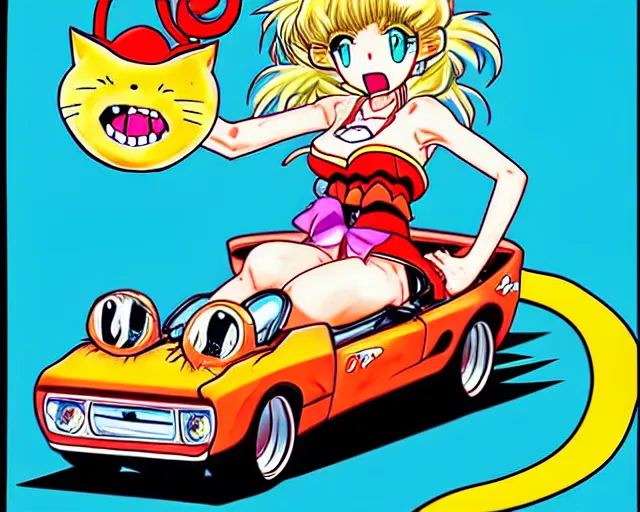 Image similar to high - quality anime catgirl in ratfink style by ed roth, crazy bulging eyes janky teeth riding in a hot rod, road rage, inspired by naoko takeuchi 8 0 s bishoujo anime, vhs filter