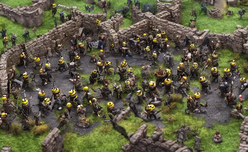 Image similar to diorama of minions fighting orcs in the battle of helm's deep, giant castle walls, realistic, 4 k, detailed