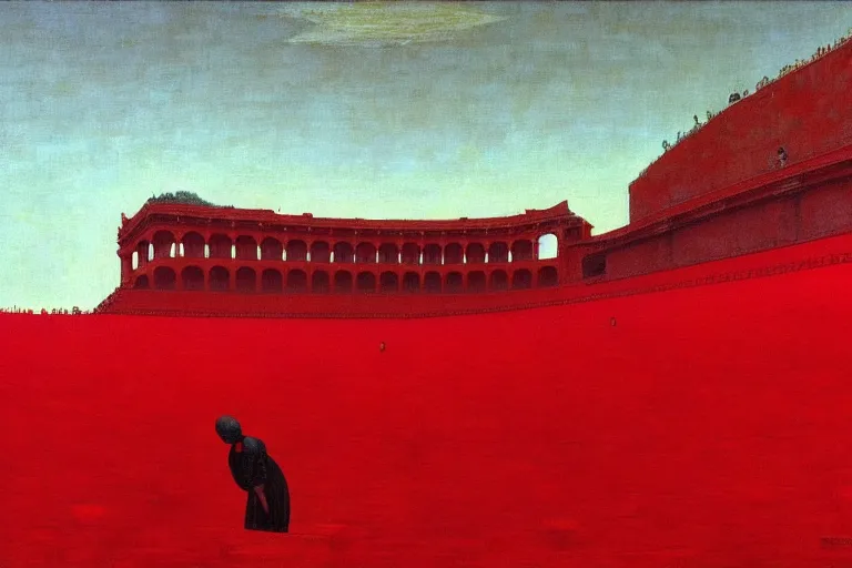 Image similar to only with red, a red melted emperor, taormina amphitheatre, crowd hails him, in the style of beksinski, parts by edward hopper, parts by rodcenko, parts by yue minjun, intricate and epic composition, red by caravaggio, insanely quality, highly detailed, masterpiece, red light, artstation, 4 k