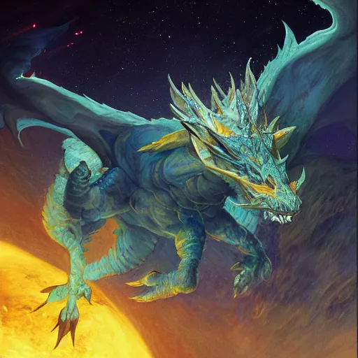 Prompt: Gigantic blue scaled golden horned dragon devouring an earth like planet while flying in space, sun system, behemoth, nebula, oil painting, by Fernanda Suarez and Edgar Maxence and Greg Rutkowski