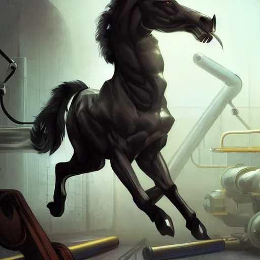 Prompt: splash art of a hyper - muscular black - coated anthropomorphic horse character in a research facility wearing a combat kevlar outfit, long hair, huge exaggerated muscles, highly detailed, furry, furaffinity, digital painting, artstation, sharp focus, illustration, art by artgerm, greg rutkowski, alphonse mucha