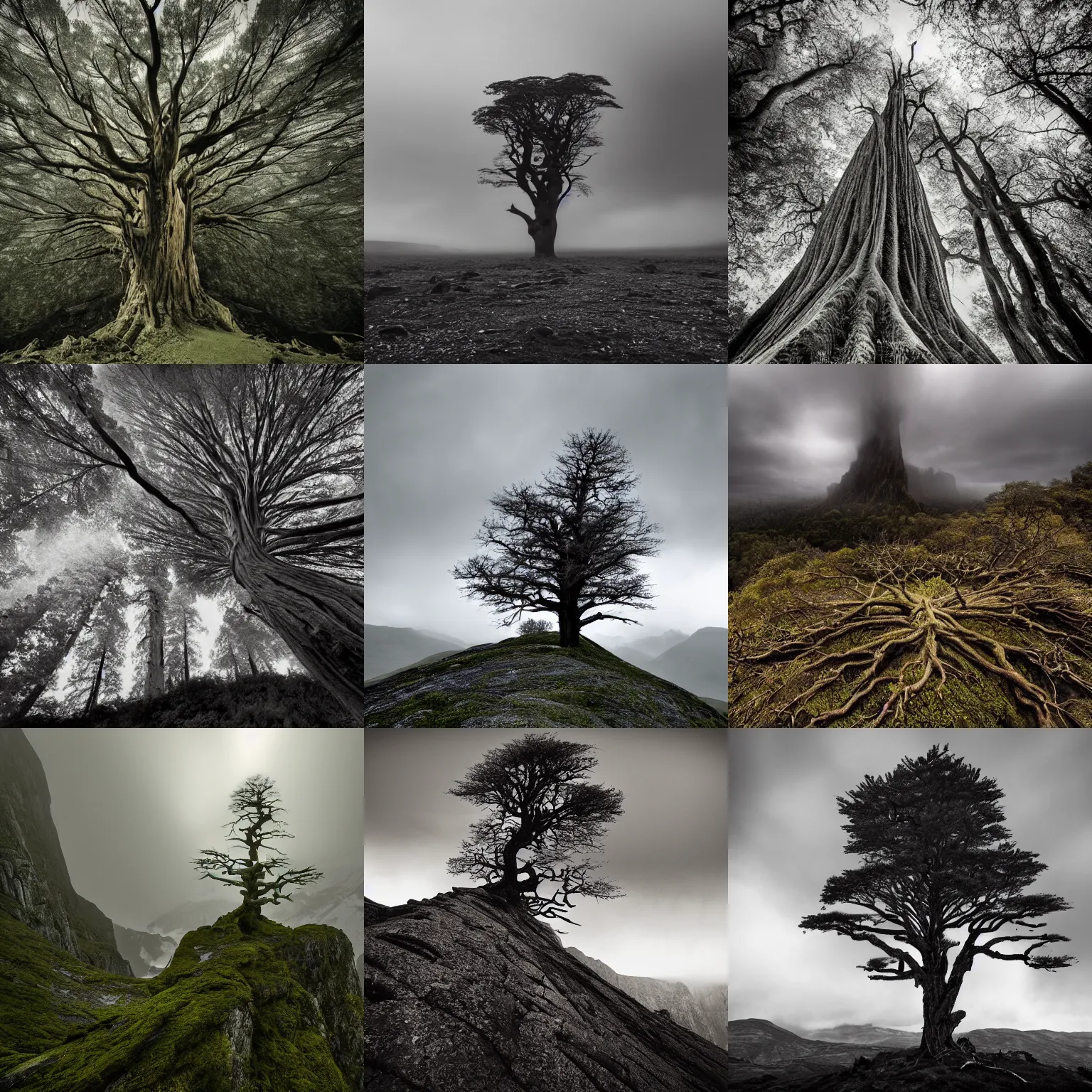 Prompt: majestic, myriad, imposing, endless, mysterious, gloomy, isolated, tranquil, rugged, vertigo - inducing, immense, foreboding tree