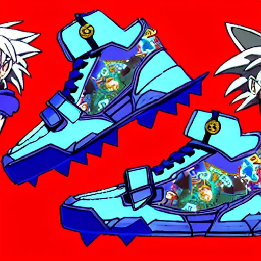 Image similar to fantasy jrpg sneaker design designed by capcom megaman, chrono trigger guilty gear sneaker styles, aztec mayan street fashion native punk sneaker design, focus on megaman hip hop sneaker design with subtle mayan patterns, trending on pixiv fanbox, painted by akira toriyama and studio ghibli princess mononoke megaman capcom