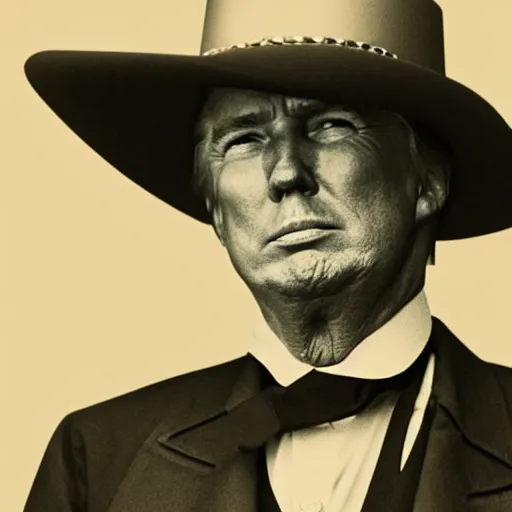 Image similar to an 1 8 0 0 s photo of donald trump playing the role of clint eastwood, squinting at high noon, in the style of a clint eastwood movie, the good, the bad and the ugly, clint eastwood, vibe, donald trump, glory days, mount rushmore, justice, american flag, independence, patriotism, apple pie, black and white, artgerm