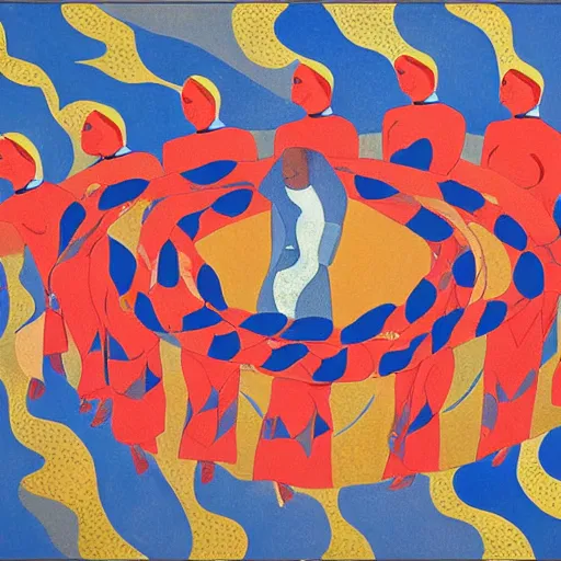 Image similar to soft, curvaceous by mati klarwein, by marsden hartley, by tatsuro kiuchi. a beautiful experimental art of a group of people standing in a line. they are all facing the same direction & appear to be waiting for something.