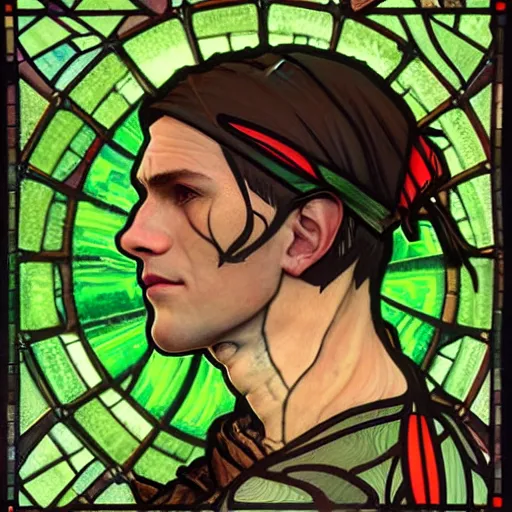 Prompt: beautiful and detailed portrait of a iorveth, profile view, side view, scoia'tael leader, red bandana with a feather, scarred eye and cheek, pointy elf ear, shaven, stained glass art, by alphonse mucha, green mosaic background, very masterful