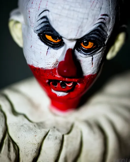 Image similar to a creepy paper mache doll of a scary clown, realistic, very detailed, complex, intricate, studio lighting, bokeh, sigma 5 0 mm f 1. 4