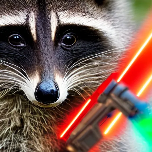 Image similar to logo of a racoon holding a laser gun, realisitc , 4K