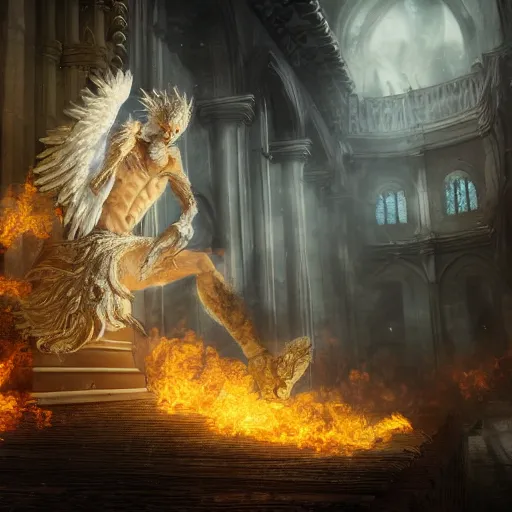 Prompt: A epic and beautiful rococo painting of a angelic werewolf inside a burning cathedral. dark soul style. ultra-detailed. Anime, pixiv, UHD 8K CryEngine, octane render