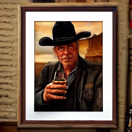 Image similar to modern oil body portrait of old wrinkled gunslinger jack having a whiskey at western saloon, very very very very very beautiful art, masterpiece, realistic and detailed, artstation, artificial lightning