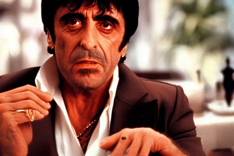 Image similar to face portrait of tony montana from movie scarface 1 9 8 3 sitting behind a big black oak table with big large packages of flour. al pacino. perfect symmetric face, coherent eyes, ron cobb, fine details, cinestill, 4 k. last scene from scarface movie, bokeh