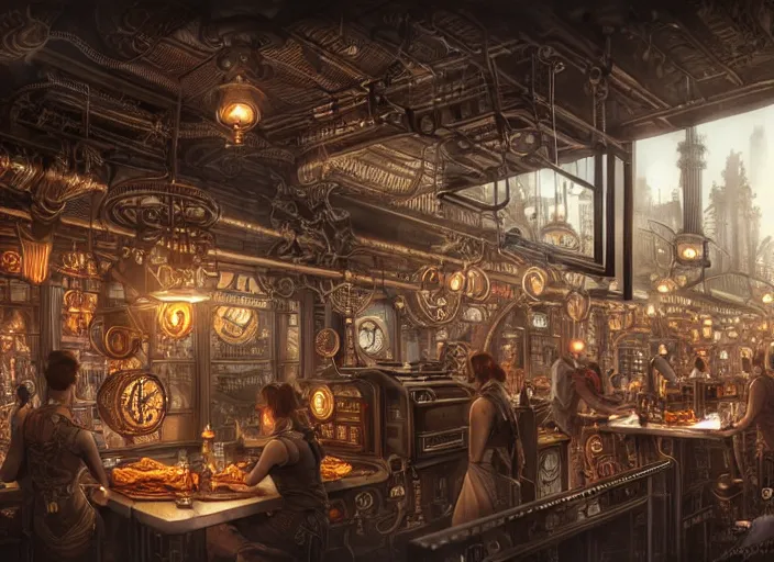 Image similar to an intricately detailed digital illustration of a steampunk metropolitan city - scape inside of a steampunk double bacon cheeseburger, ultra realistic, concept art, intricate details, eerie, highly detailed, photorealistic, octane render, 8 k, unreal engine. art by artgerm and greg rutkowski and charlie bowater and magali villeneuve and alphonse mucha