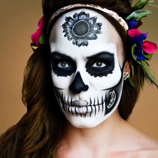 Image similar to a photorealistic portrait of a woman with a skull face paint and headband of flowers