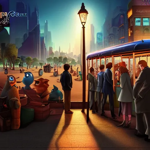 Prompt: few people waiting in a bus stop in dark city night, detailed, high quality, high resolution, screenshot from Zootopia