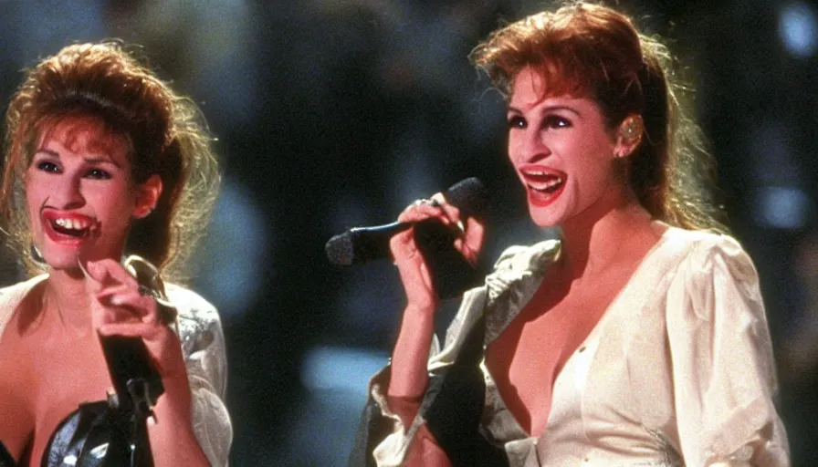 Image similar to Julia Roberts as Selena! singing!! on a stage, 1995 movie, cinematic
