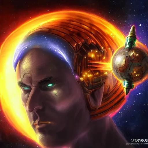 Image similar to photorealistic fantasy cosmic concept art of a cosmic god with armor made out of planets and dark matter, hovering in a unknown galaxy, fully body portrait, cinematic, dynamic lighting, ultra detailed, creative, trending on art station, creative