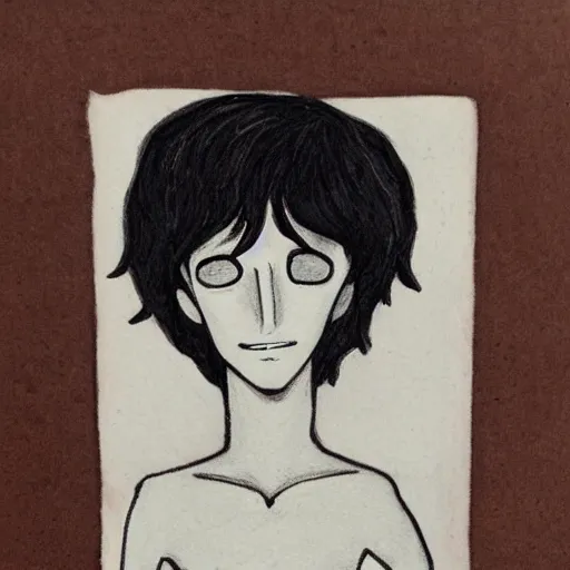 Image similar to young man portrait, black hair, skinny, sleep deprived, corpse bride art style