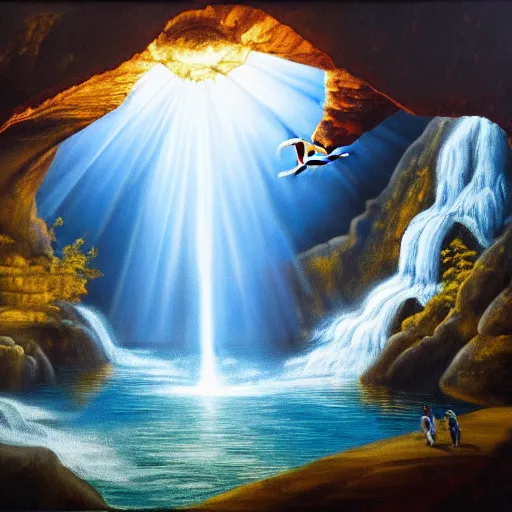 Image similar to oil painting of a dragon flying in the air near a cave with a waterfall in the center, light emanating from the waterfall leading to a big pool of water, dragon has black and white siberian tiger stripes, elegant, sharp focus, wide shot, clear, detailed, early renaissance