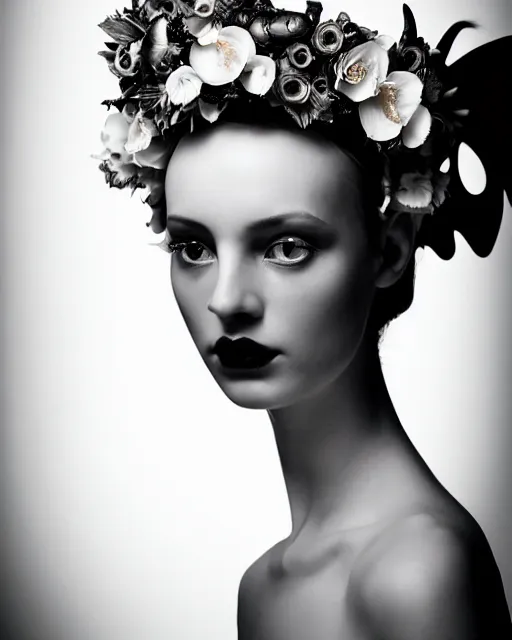 Image similar to a black and white high quality dreamy photo of a young beautiful female queen-pale dragon-vegetal-cyborg bust with a very long neck and a steampunk flower crown, elegant, highly detailed, poetic, soft, dreamy, mysterious, high fashion, in the style of Horst P. Horst, Realistic, Refined, Digital Art, Highly Detailed, Cinematic Lighting, rim light, black and white, photo-realistic, 8K