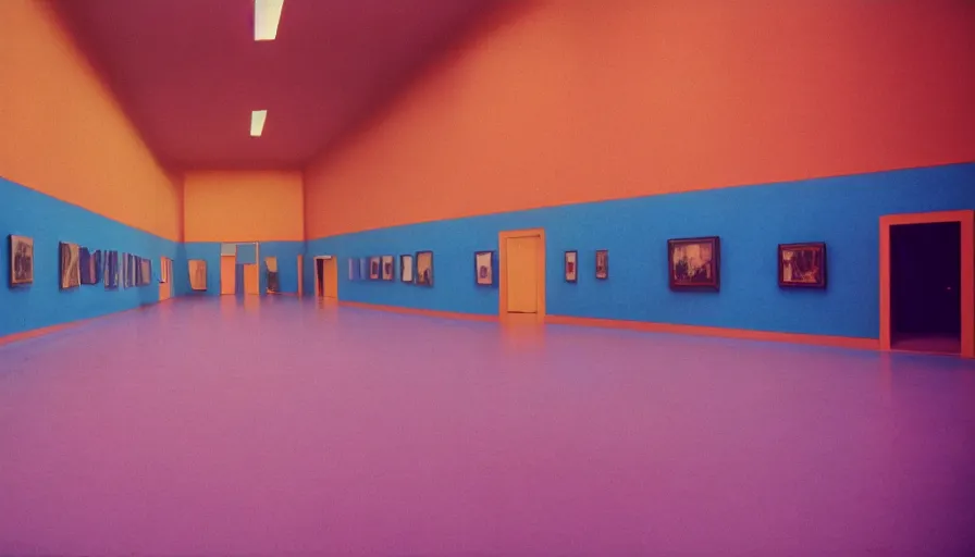 Image similar to 60s movie still of a sovietic stalinist style empty art museum with yellow wall and light blue tiles floor, LOMOCHROME PURPLE FILM 100-400 35MM, liminal Space style, heavy grain