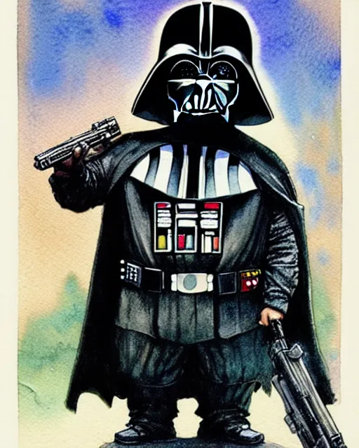 Image similar to a realistic and atmospheric watercolour fantasy character concept art portrait of a fat, chibi darth vader with pink eyes wearing a wife beater and holding a gun. by rebecca guay, michael kaluta, charles vess and jean moebius giraud