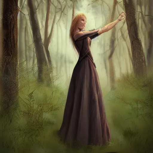 Prompt: nordic beautiful woman in a dress in the forest, trending on artstation, masterpiece