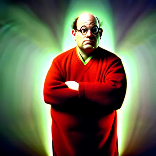 Prompt: uhd candid photo of george costanza as a super sayian, glowing, global illumination, studio lighting, radiant light, detailed, correct face, elaborate intricate costume. photo by annie leibowitz