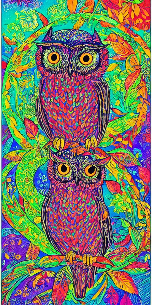 Prompt: 70’s psychedelic poster owl Louis Wain colorful dichroic