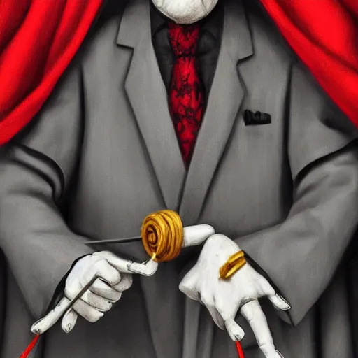 Prompt: portrait of a puppet master holding a hand string puppet marionette on strings, grey hair and a tuxedo, harsh good looking face, middle aged, surrounded by red curtains, drawn by Ruan Jia, disco elysium style, highly detailed